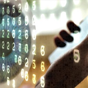 Close up of someone talking on a smart phone with binary code and electronic numbers composited on the image, and a watching eye.